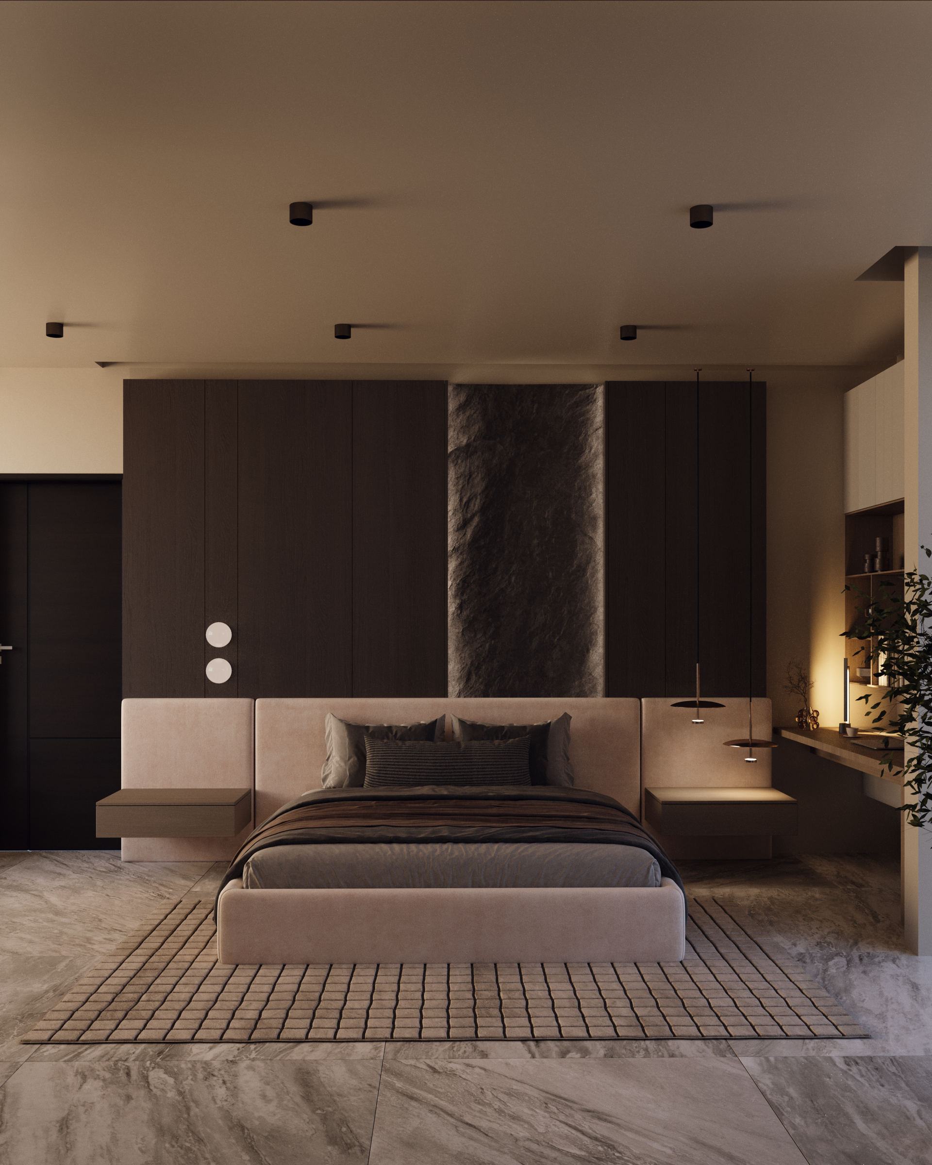 Dormitorio moderno con pared de acento oscuro, cama y pisos de mármol.