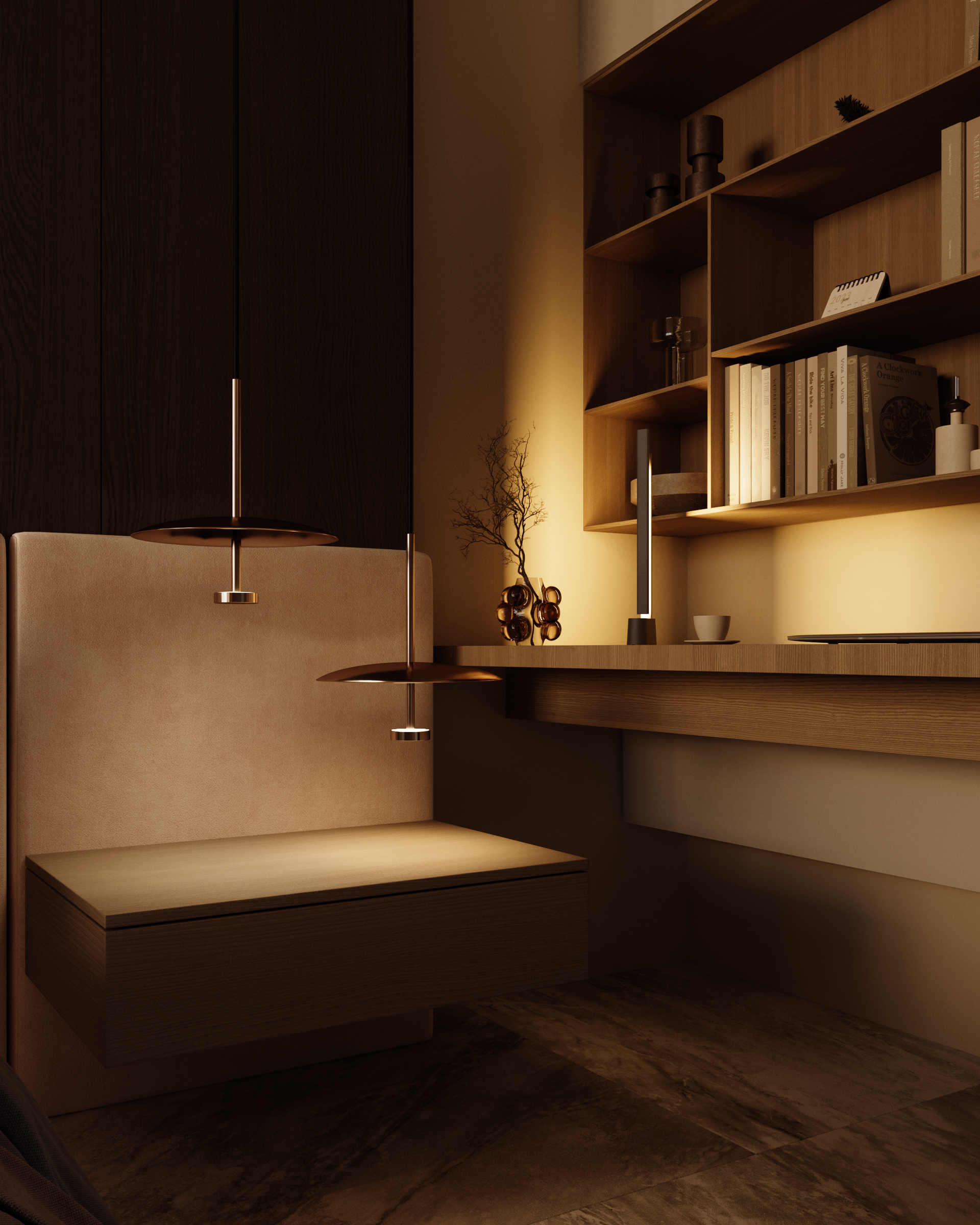 Acogedor rincón de estudio con escritorio empotrado, estanterías y banco. Una cálida iluminación ilumina los elementos de madera.