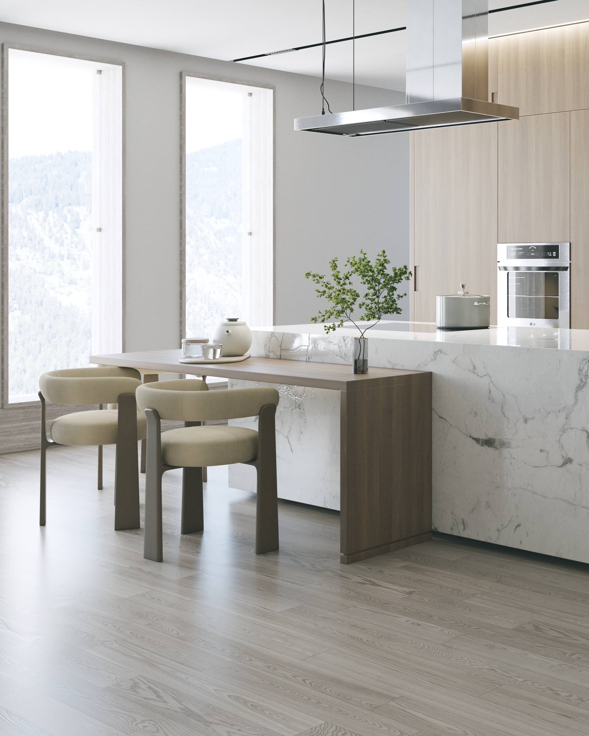 Cocina moderna con isla, encimera de mármol, detalles de madera y suelos claros. Dos sillas en la isla.