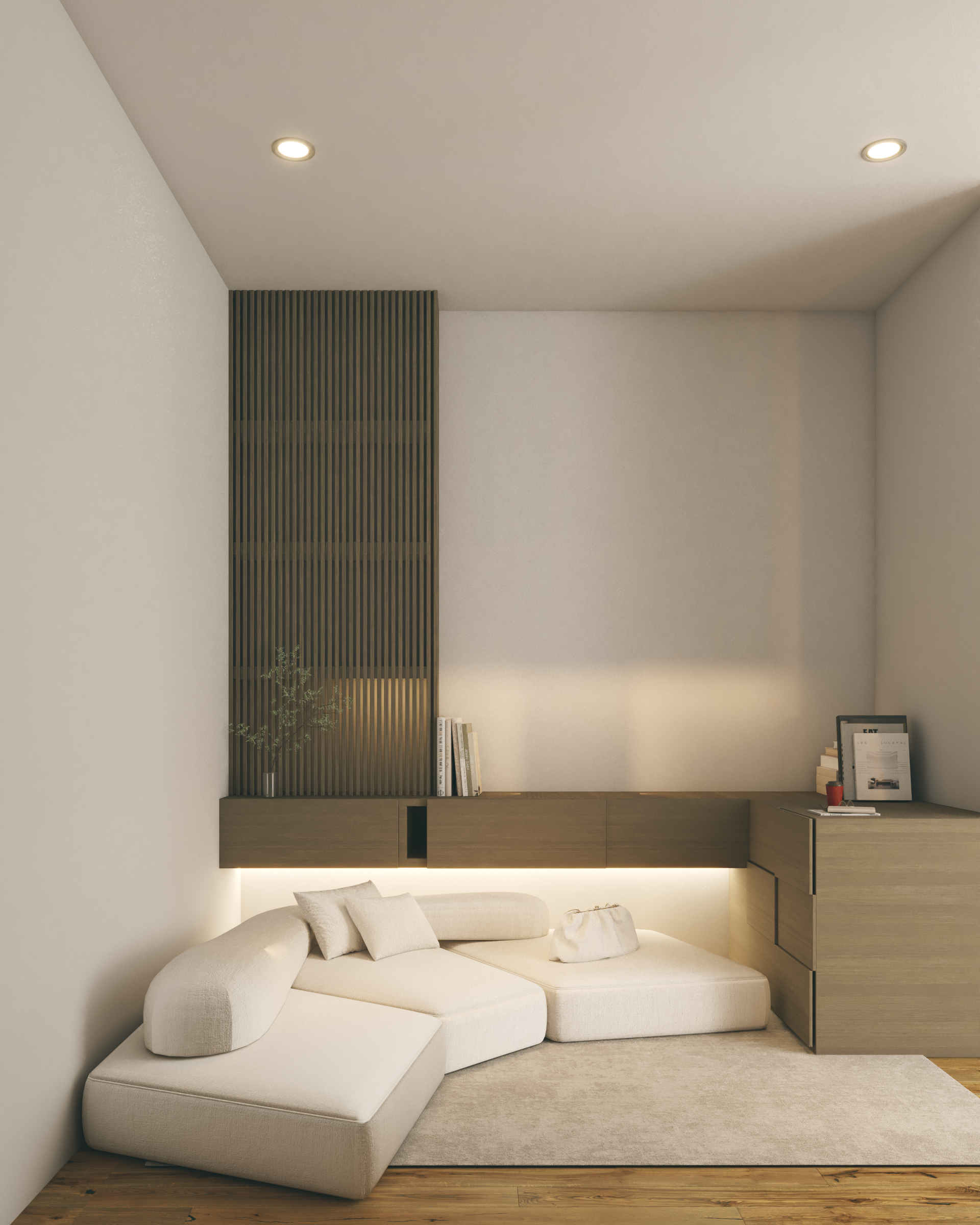 Acogedora habitación moderna con un sofá seccional blanco, almacenamiento incorporado y detalles de madera.