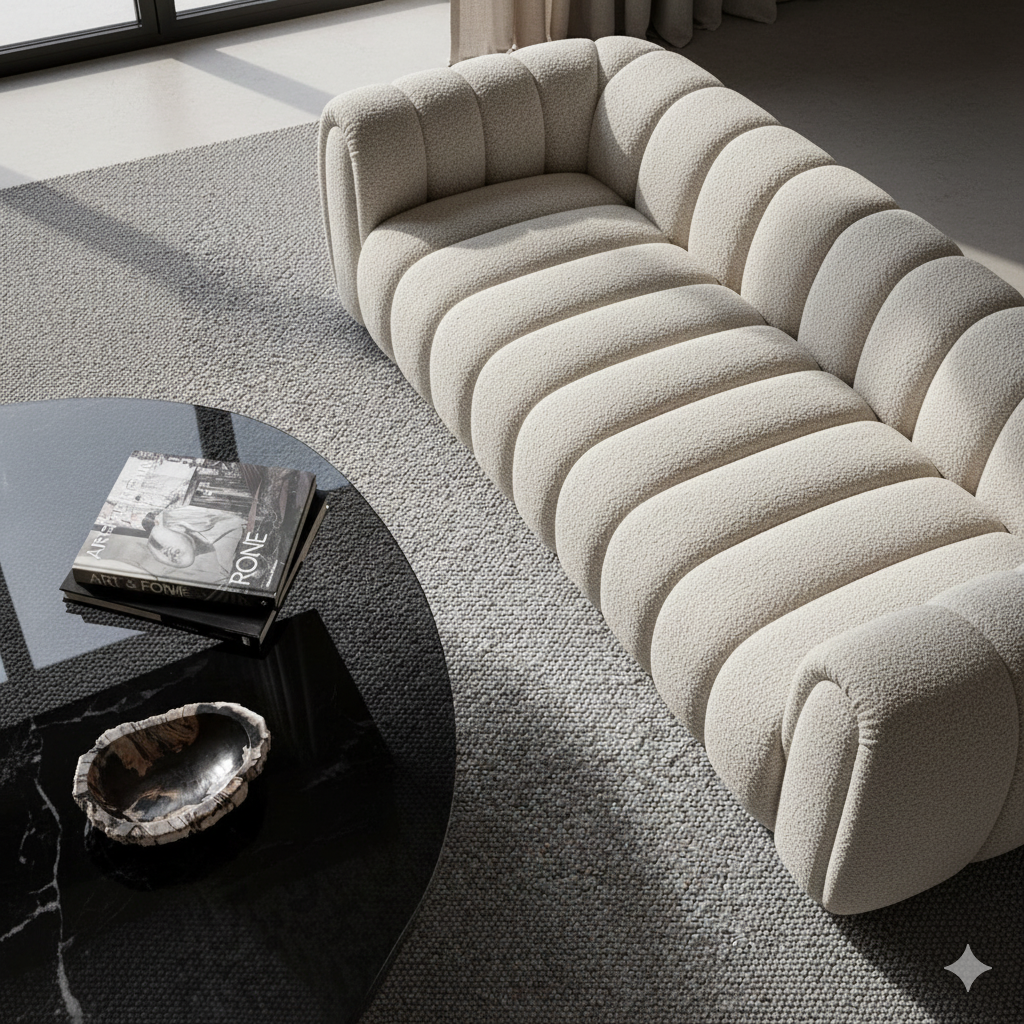 Sofá beige con costuras acanaladas sobre una alfombra estampada junto a una mesa de café negra con un cuenco decorativo.