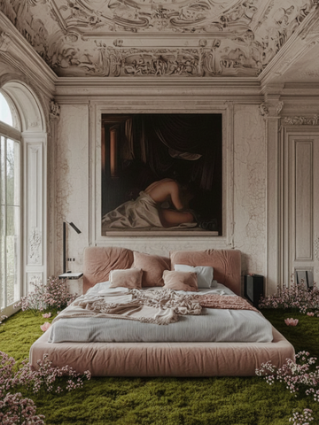 Dormitorio adornado con cama grande sobre piso cubierto de musgo, debajo de pintura, rodeado de plantas y una gran ventana.