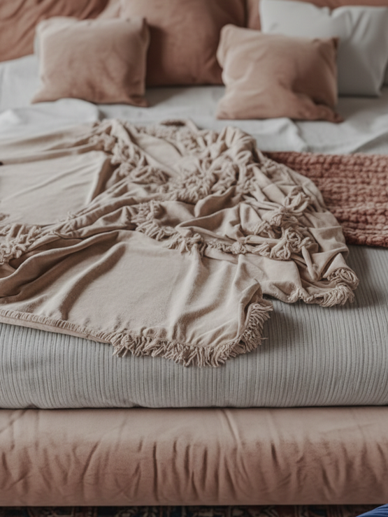 Cama con ropa de cama de colores claros, manta y almohadas en tonos beige y rosa.