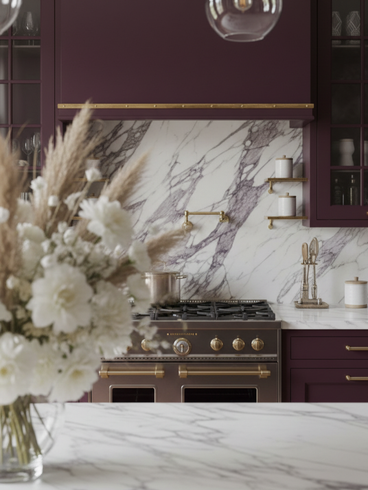 Cocina color burdeos con detalles dorados, salpicadero de mármol, cocina de acero inoxidable y arreglo floral.