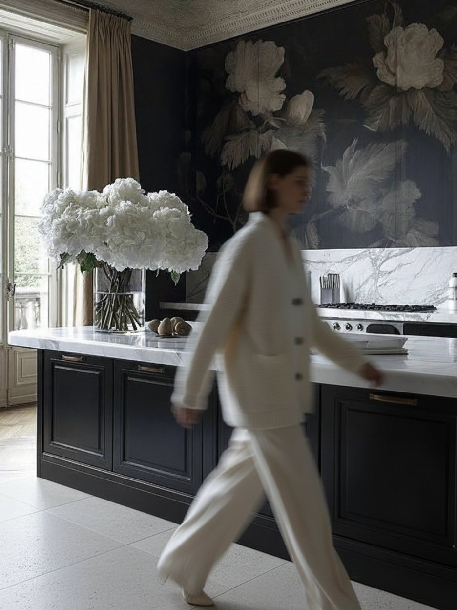 Una mujer entra en una cocina con muebles oscuros, encimeras de mármol blanco y un mural floral. Grandes flores blancas en un jarrón.