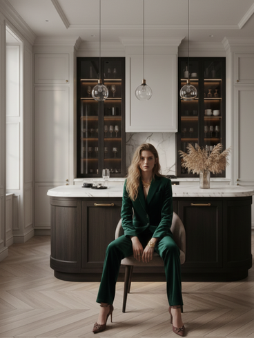 Mujer con traje verde sentada en una cocina con gabinetes oscuros y una campana extractora blanca.