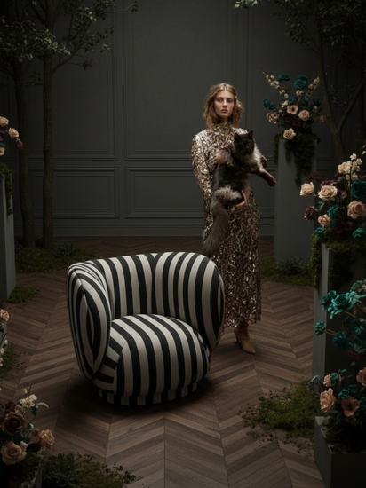 Una mujer con un vestido de lentejuelas sostiene un gato cerca de un sillón de rayas blancas y negras en una habitación con arreglos florales.