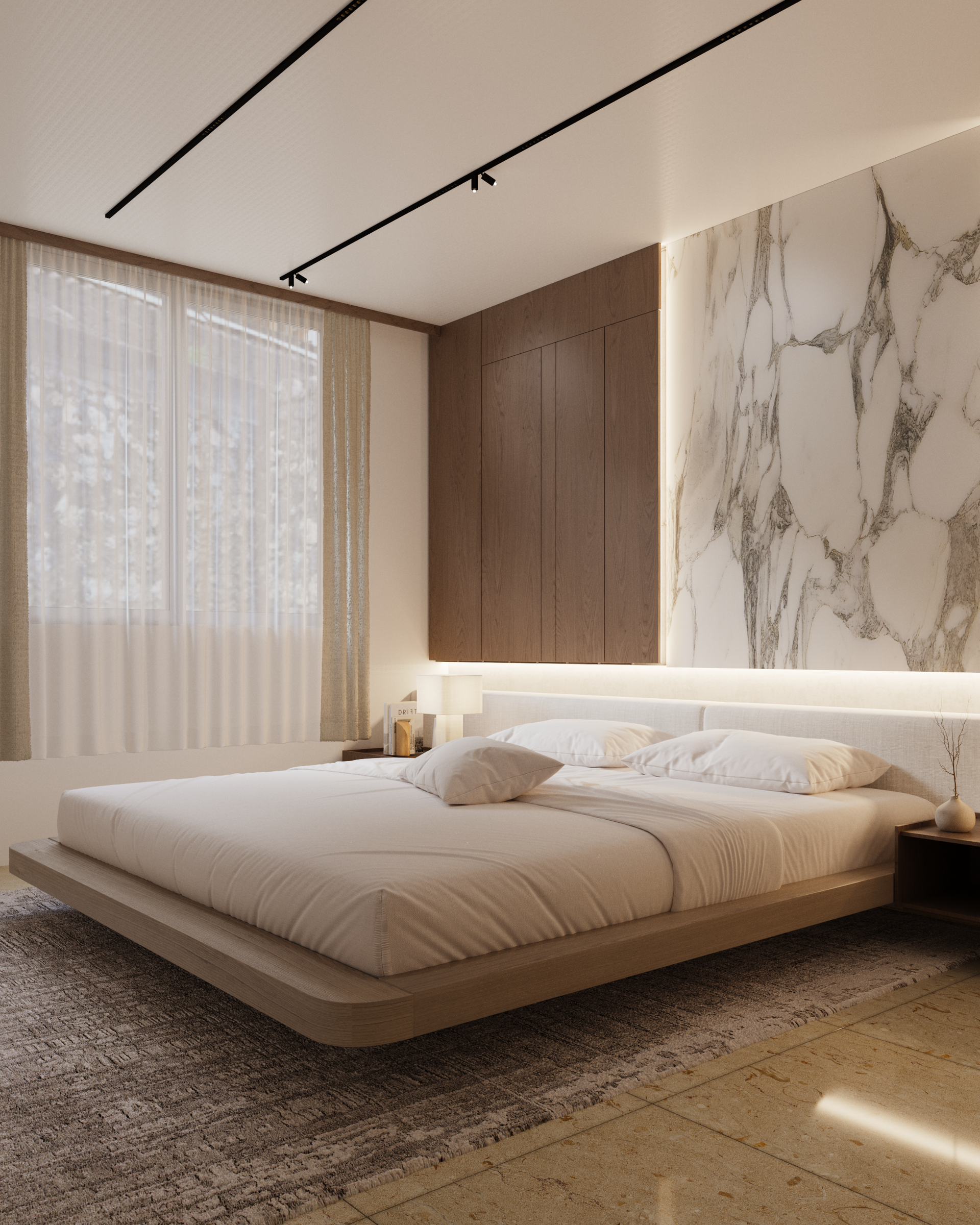 Dormitorio moderno con cama tipo plataforma, pared de mármol y detalles de madera.