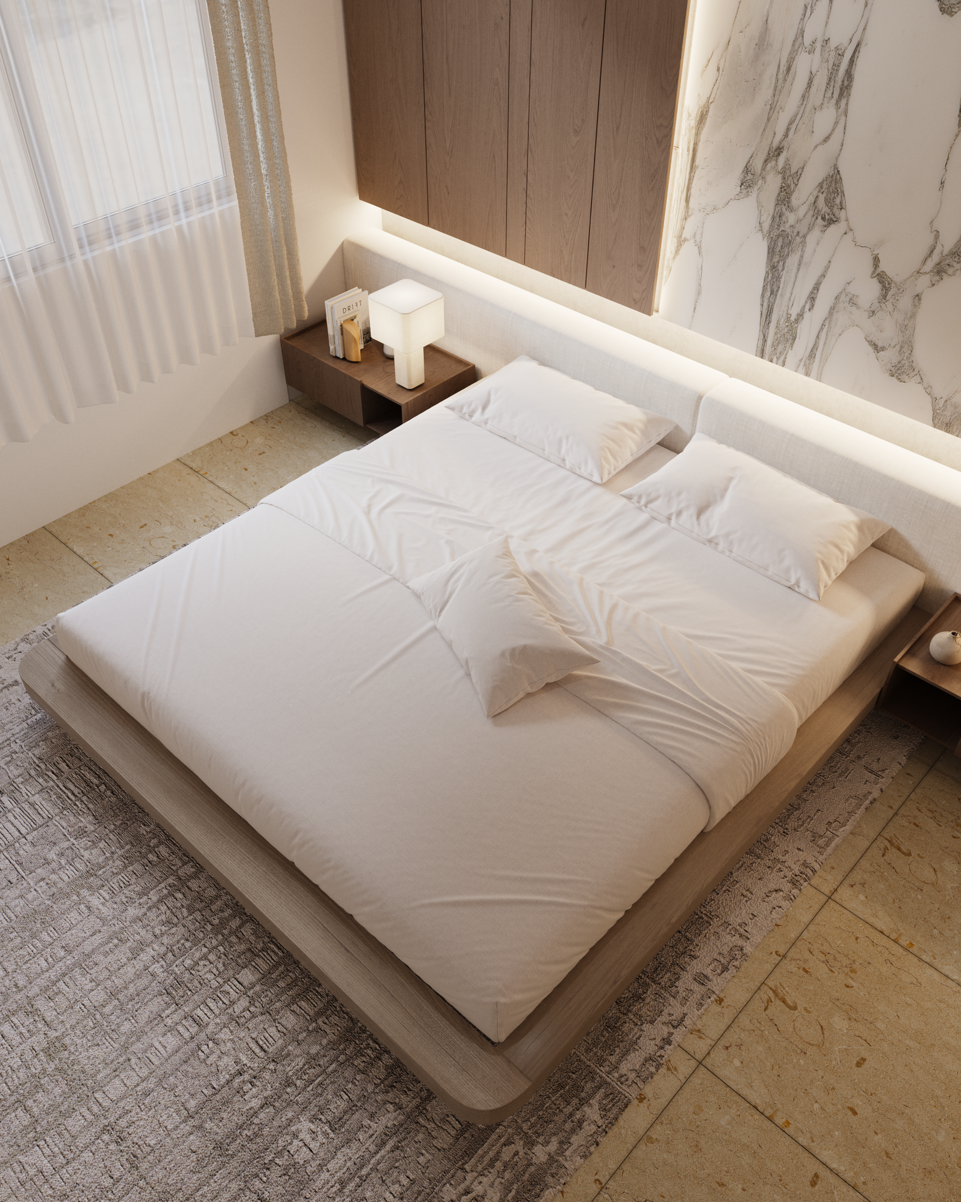 Dormitorio moderno con cama, sábanas blancas, mesitas de noche y pared de mármol.