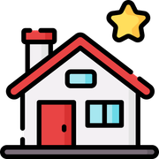 White house with red roof, door, and chimney, with a yellow star above.