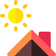 Sun shining over a red-roofed house with a chimney.