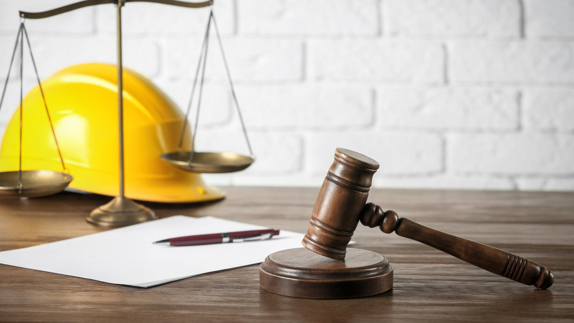 A wooden gavel is sitting on a wooden table next to a yellow hard hat and scales of justice.