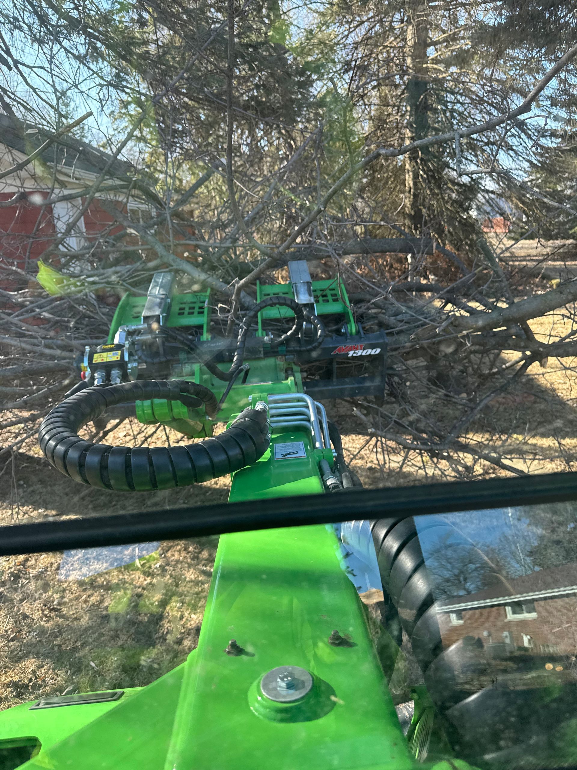 Green forestry machine cutting branches in a sunny forest setting.
