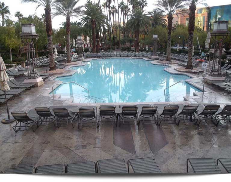 A large swimming pool surrounded by chairs and palm trees