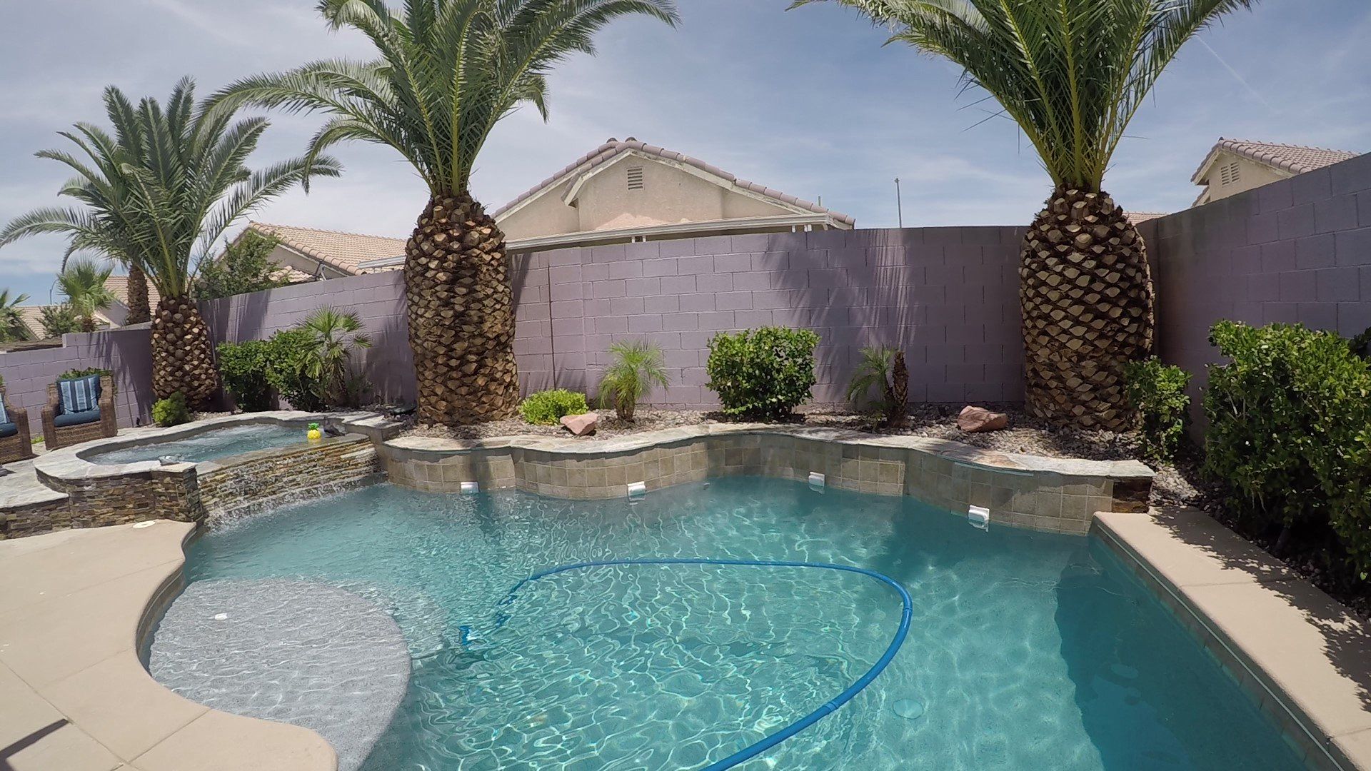 A large swimming pool surrounded by palm trees in front of a house.