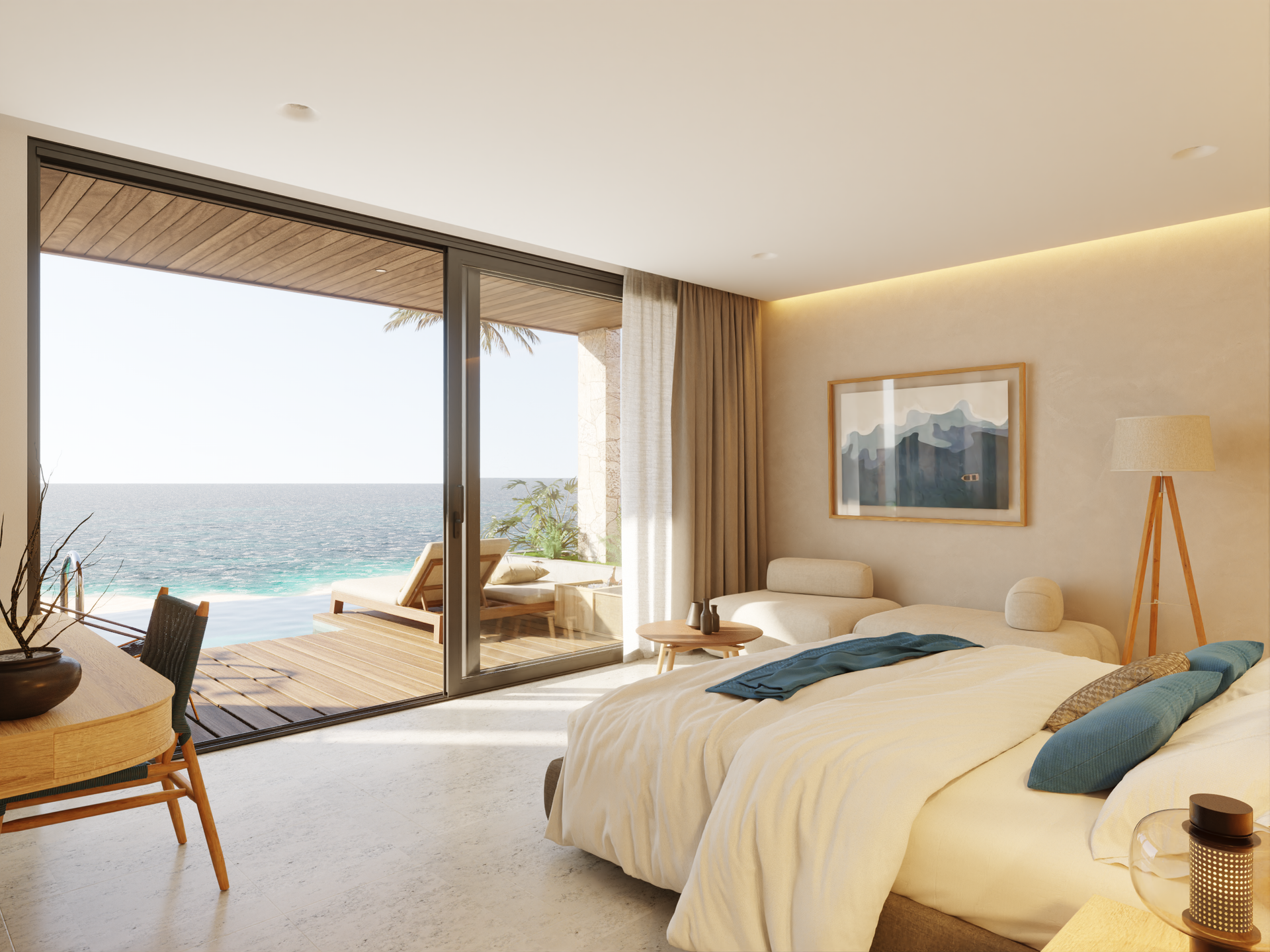 Bedroom with ocean view: bed, desk, and seating by sliding glass doors.