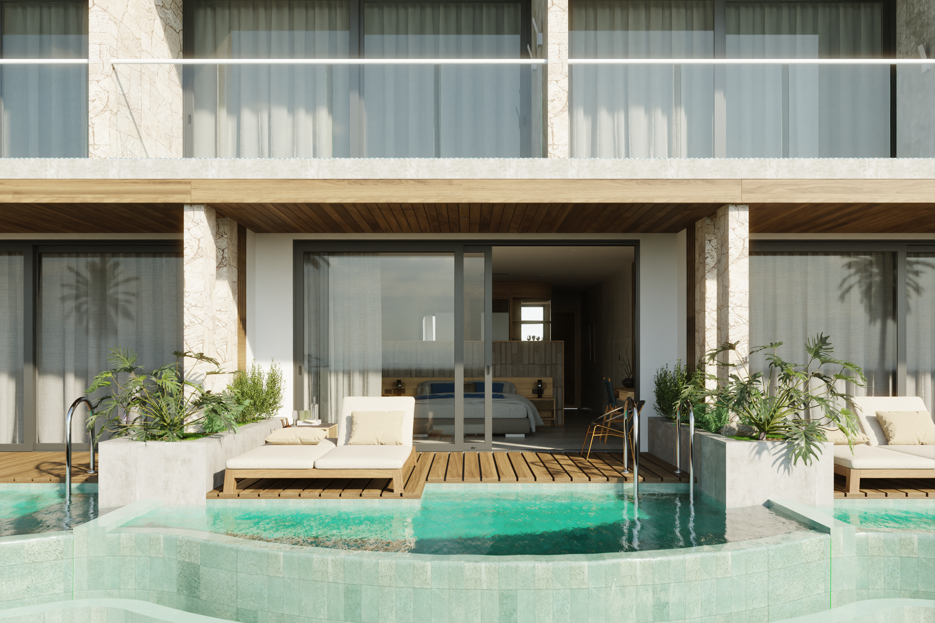 Hotelkamer met toegang tot het zwembad. Een houten terras met ligstoelen leidt naar een kamer met glazen schuifdeuren.