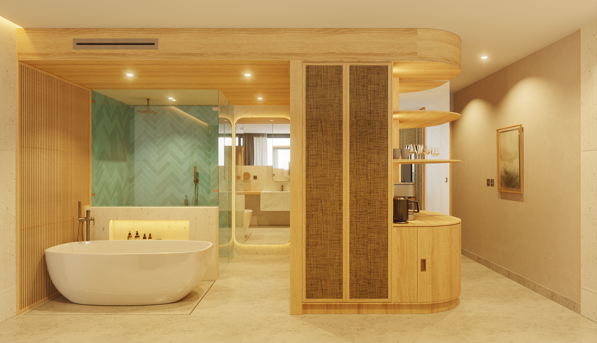 Modern spa-like bathroom with a freestanding tub, wood accents, and a partially open shower.
