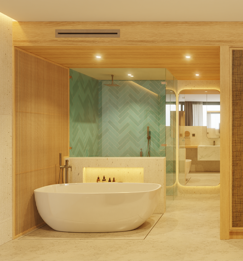 Modern bathroom with a soaking tub, glass shower, and light wood accents.