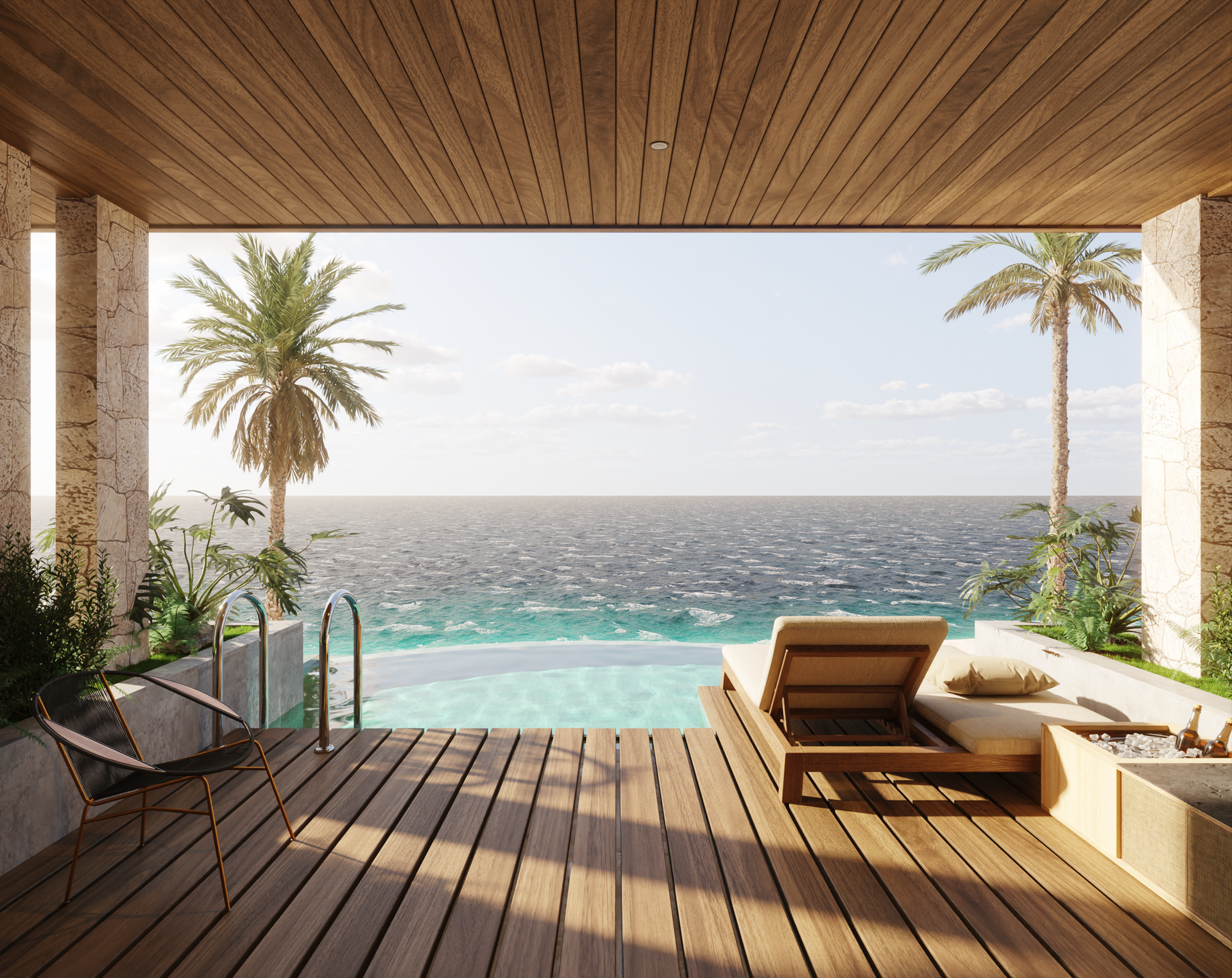 Wooden deck overlooking the ocean with a pool, palm trees, and lounge chairs.