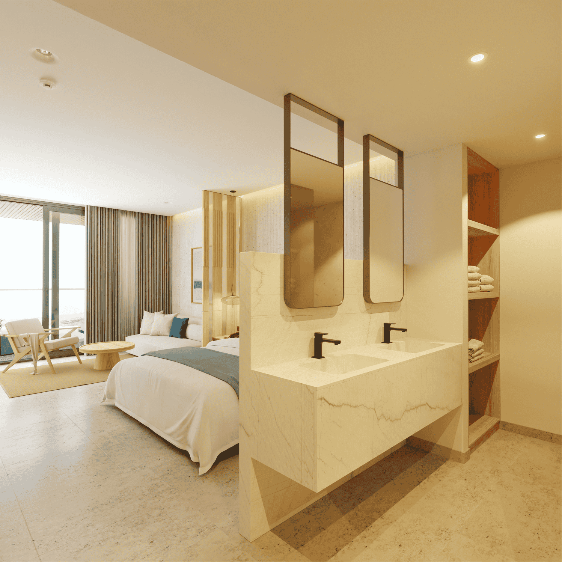 Modern bathroom with a white oval bathtub, turquoise shower tiles, and wooden paneling.