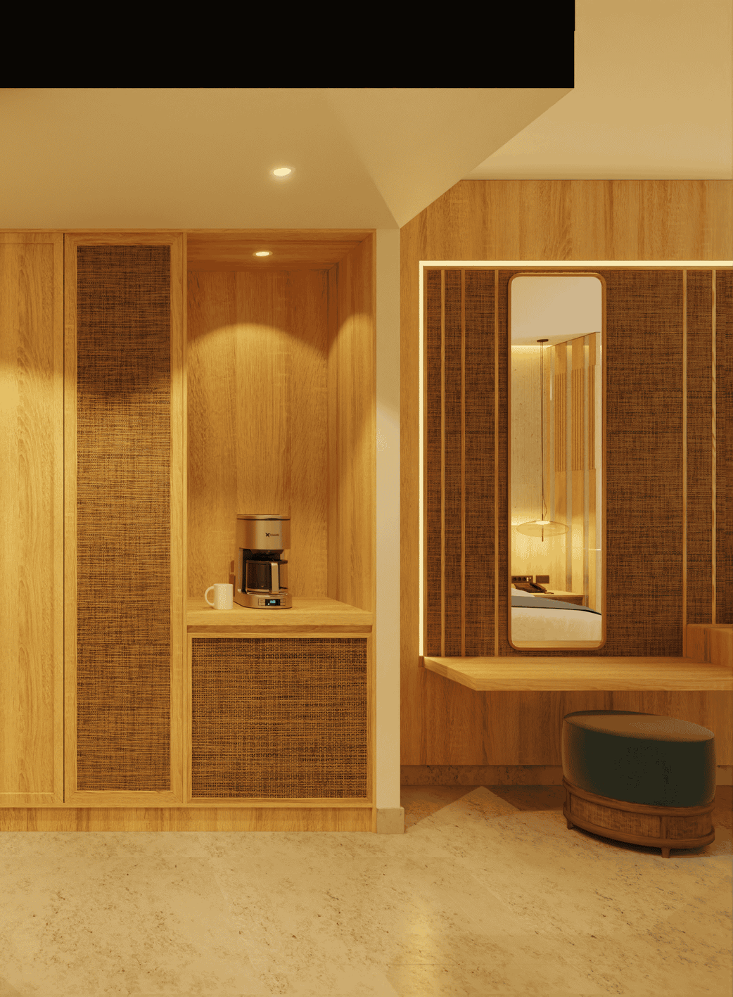 Wooden cabinet with a coffee maker and vanity with a mirror and stool.