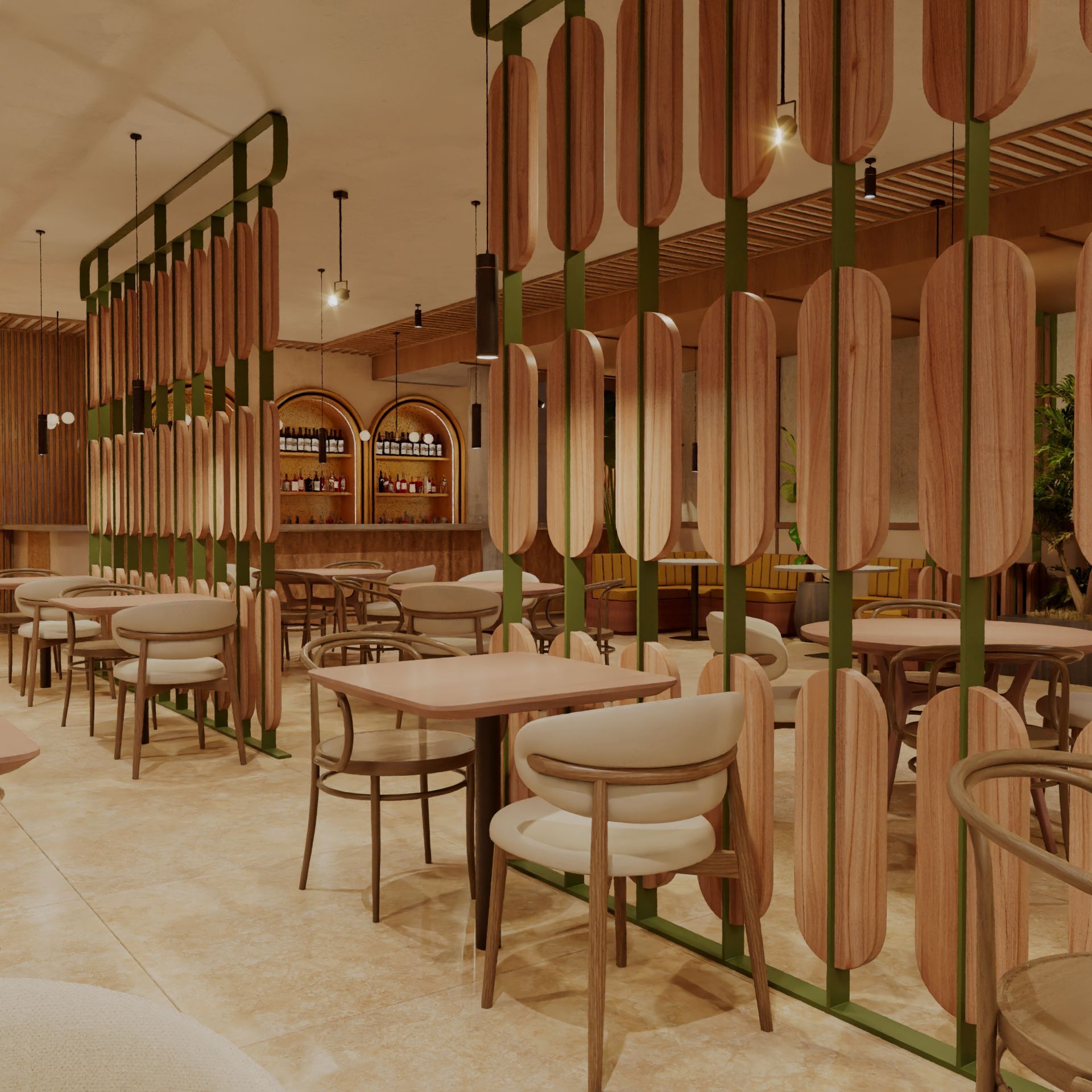 Restaurant interior with round tables, chairs, and globe lights, brown and beige tones, with a waterfront view.