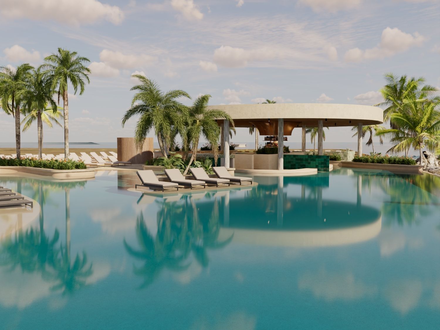 Woman relaxing on a striped lounge chair by a pool, with accessories on a nearby table.