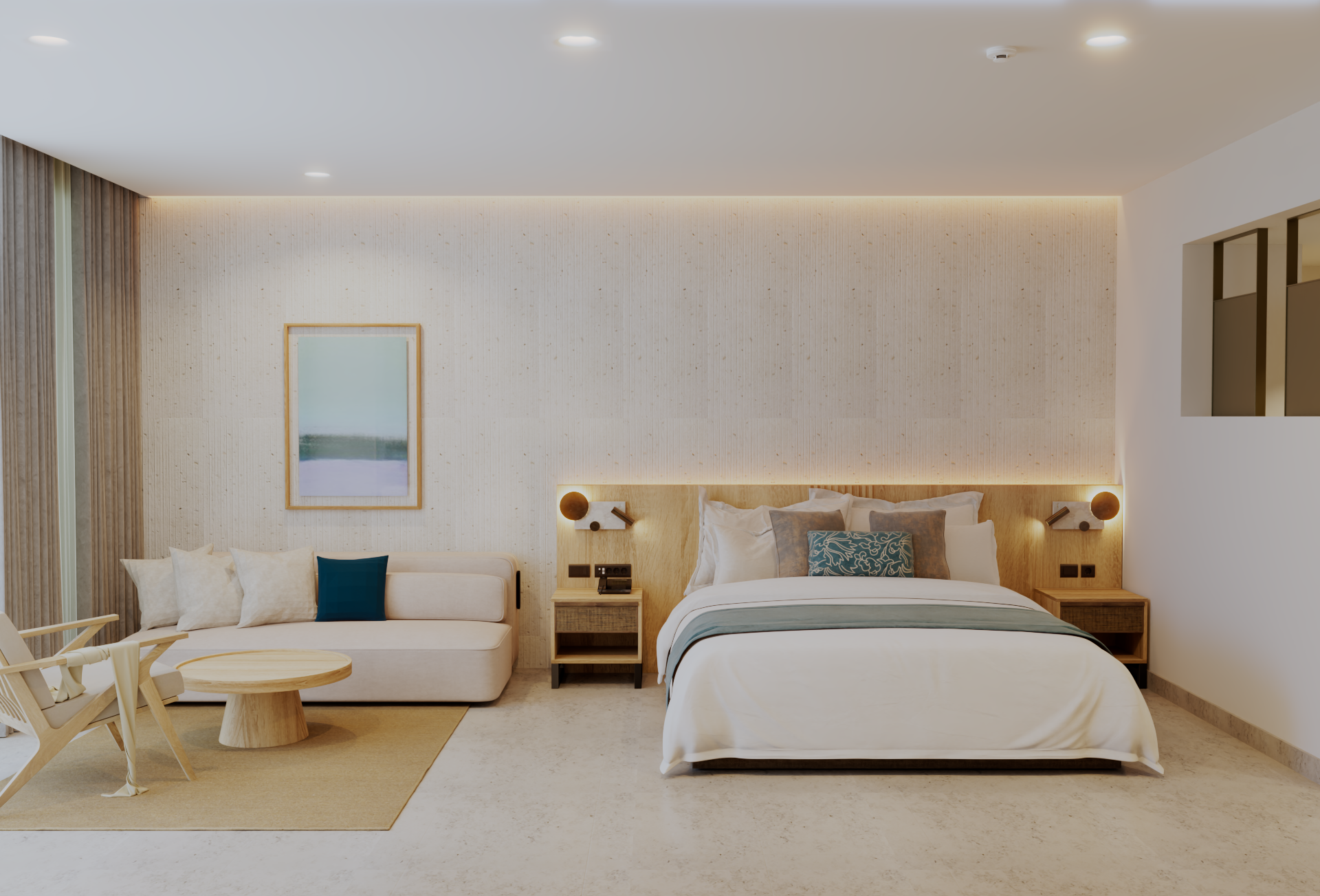 Modern hotel room with bed, sofa, and neutral tones.
