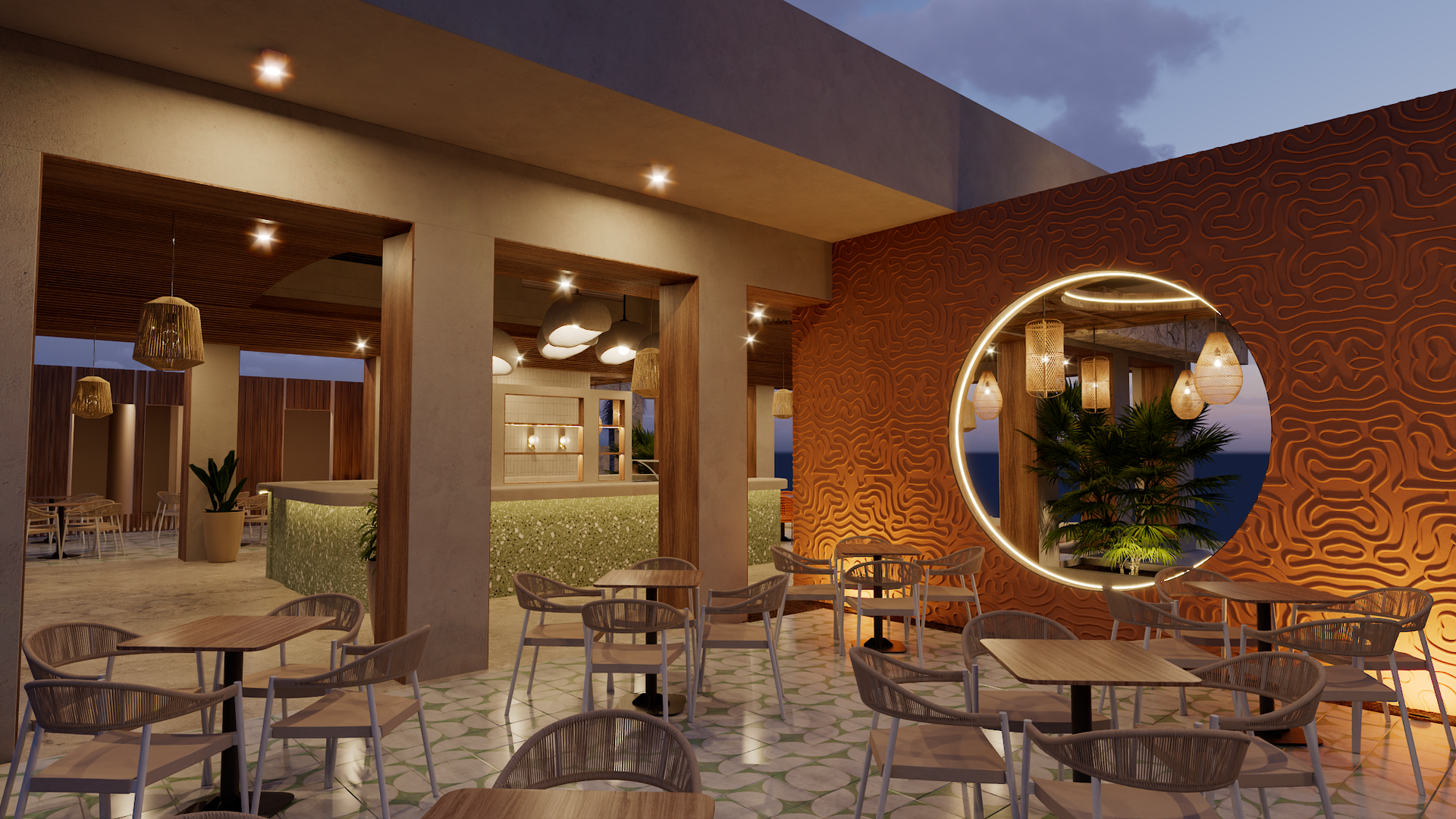 Restaurant interior with tables, chairs, bar, and decorative orange textured wall with a round window.