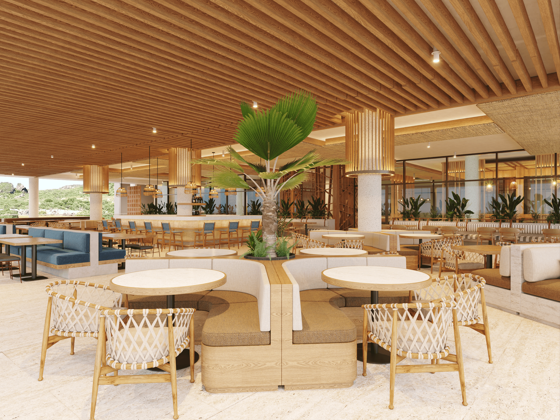 Interior of a bright, modern restaurant with wood accents, round tables, and woven chairs.