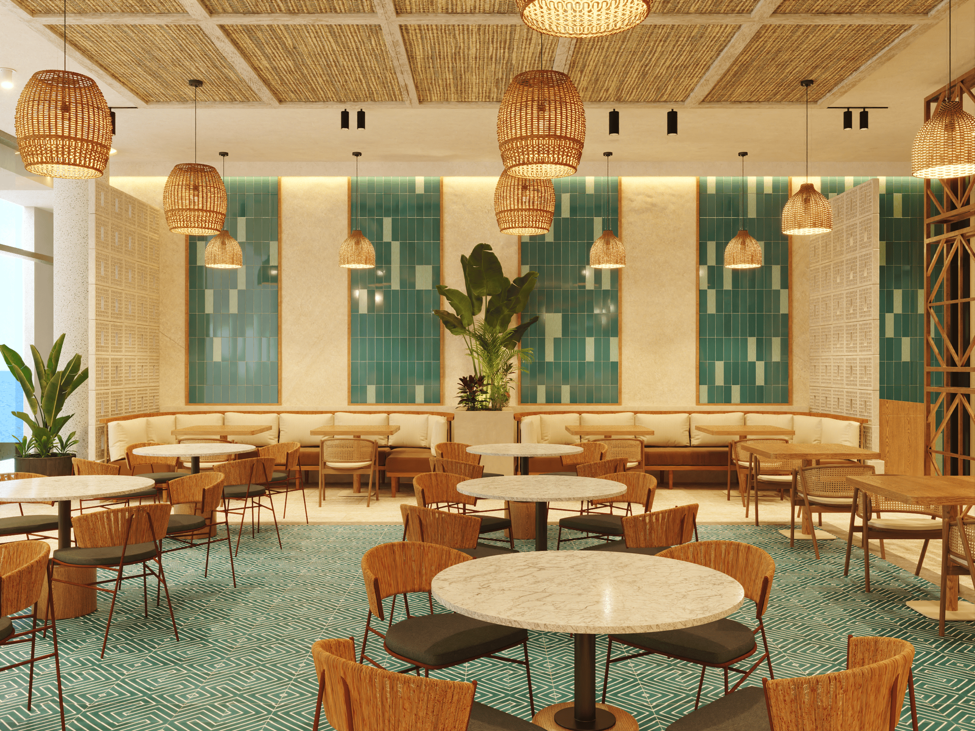 Restaurant interior with round tables, woven chairs, and hanging wicker lamps under a woven ceiling.