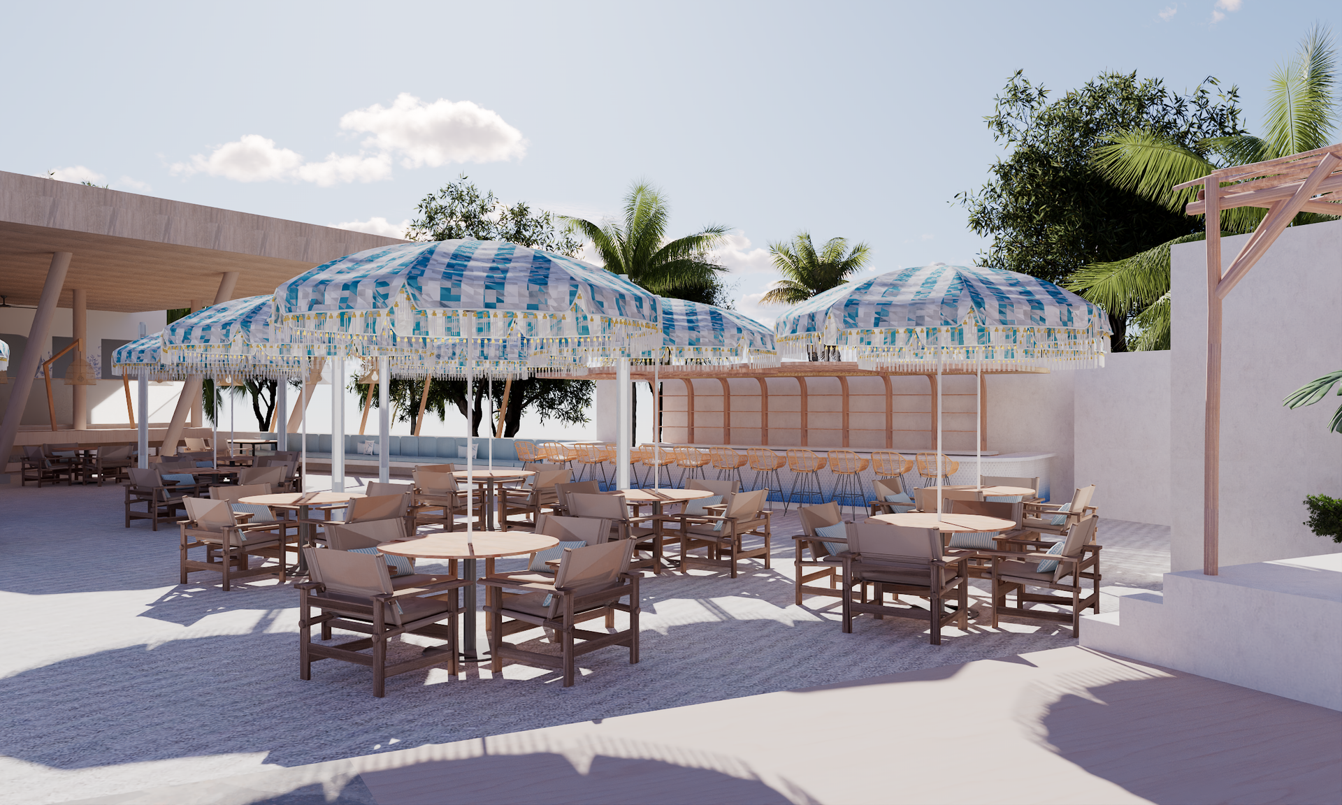 Couple dining at a rustic table: shrimp dish and a green dish on blue plates.