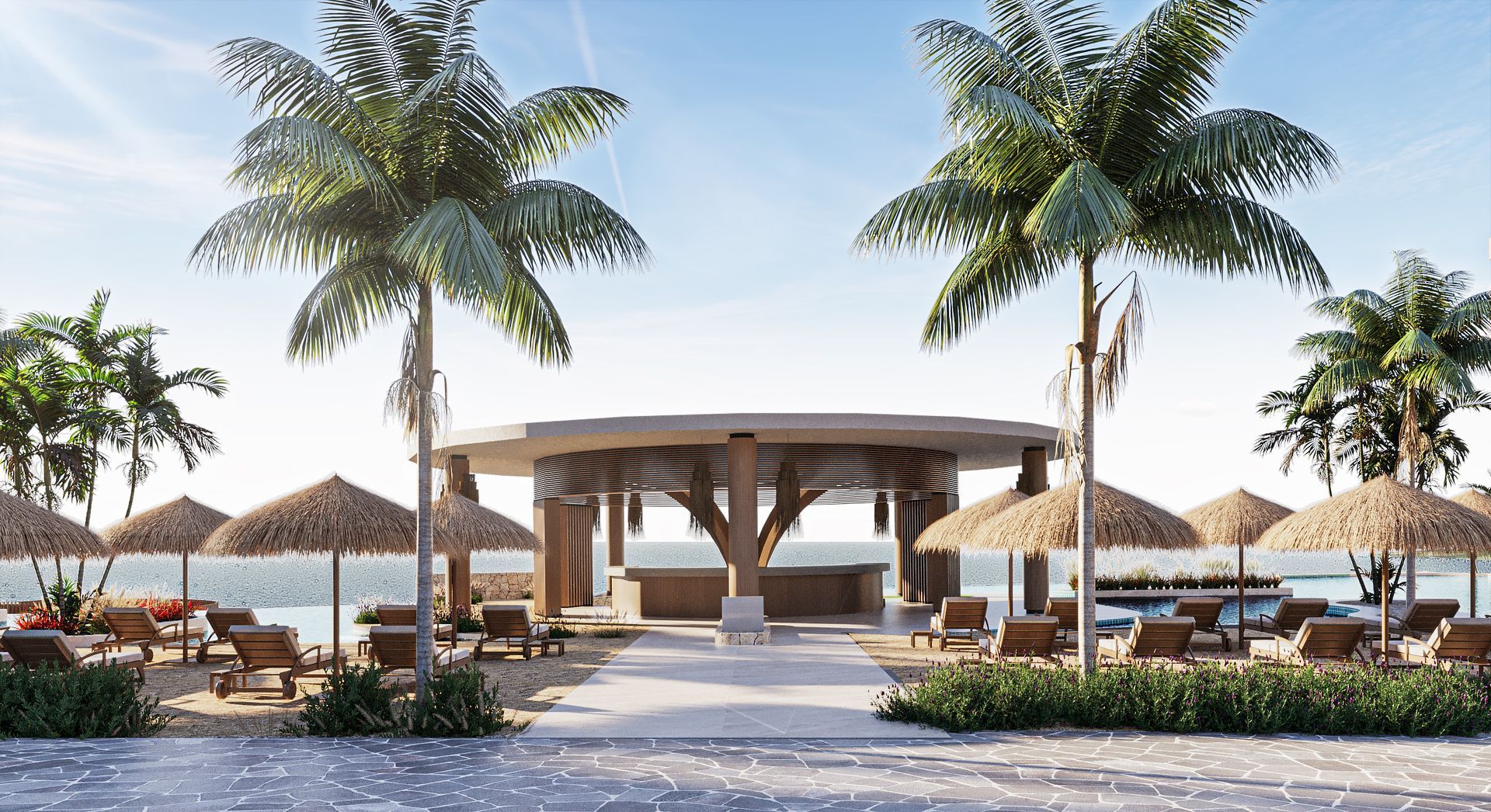 Pool bar with two men ordering drinks; festive decorations.