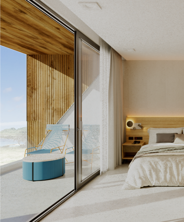 Bedroom with sliding glass doors opening to balcony overlooking the ocean. Blue furniture, wood accents, and a bed.
