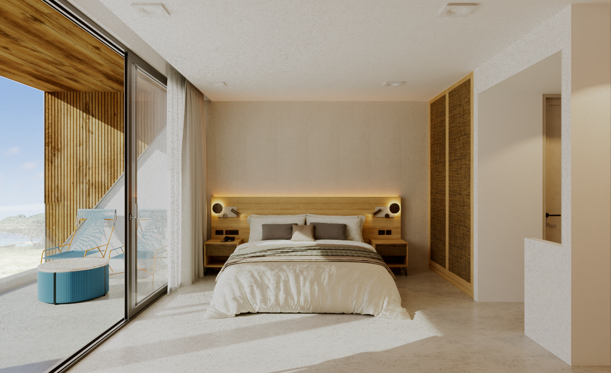 Bedroom with large windows, bed with neutral bedding, and wooden accents.