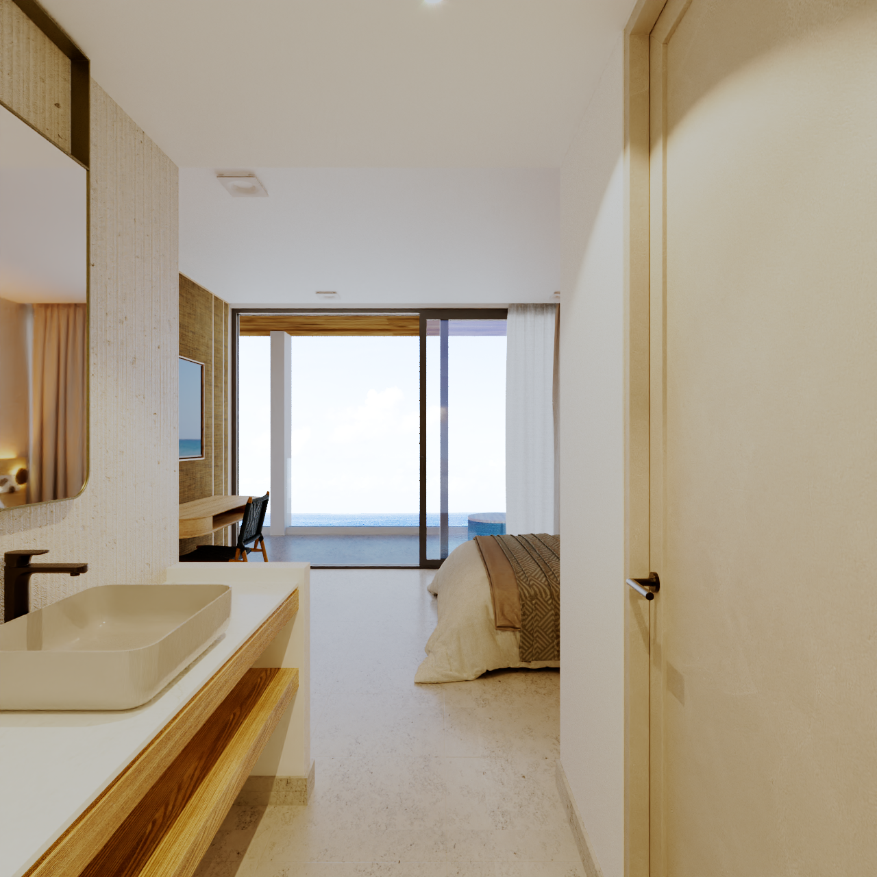 Bathroom with sink, mirror, and open doorway to a bedroom with bed and ocean view.