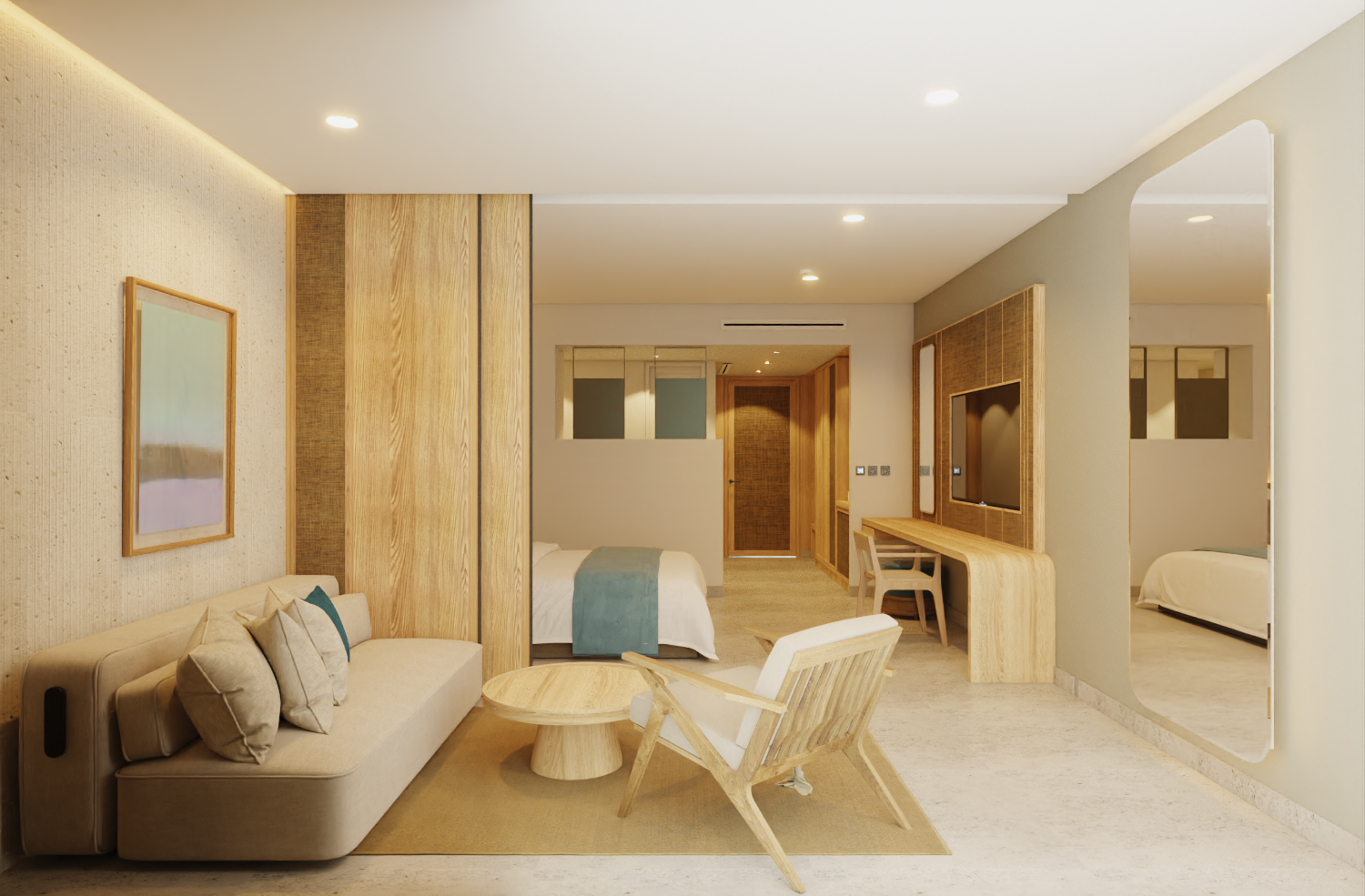 Hotel room with beige and wood tones; a sofa, bed, desk, and mirror are visible.