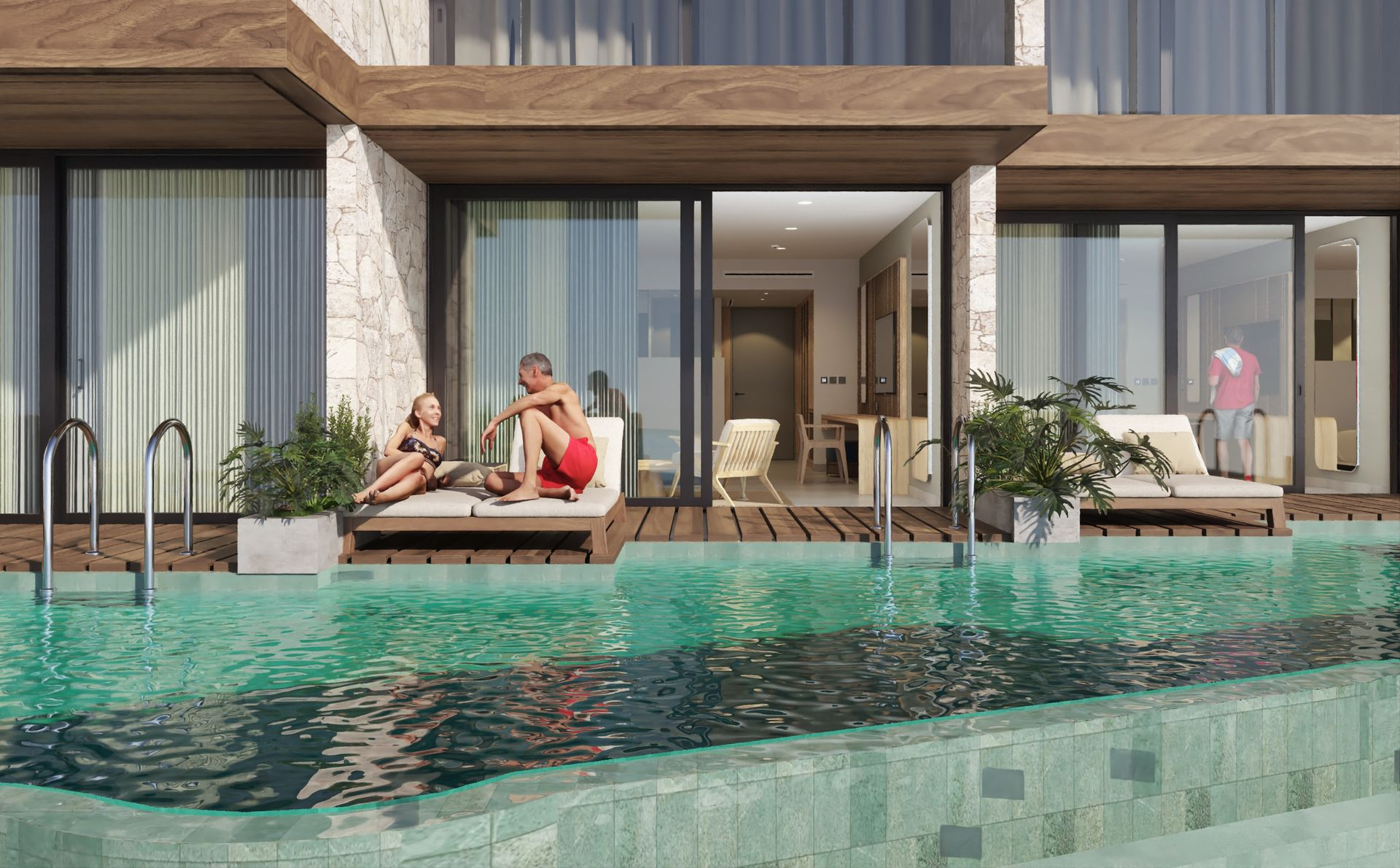 Family in a pool: father and children smiling, floating on a ring, blue water.