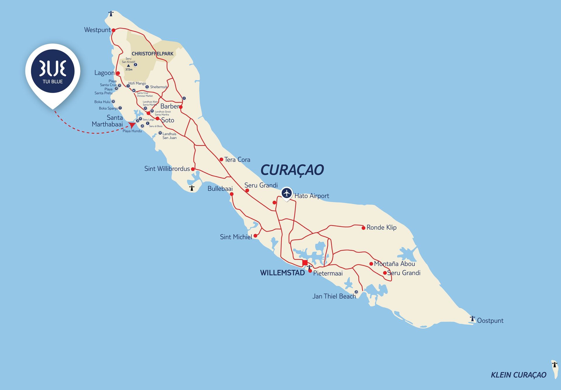 Map of Curaçao with road routes and hotel location marker.