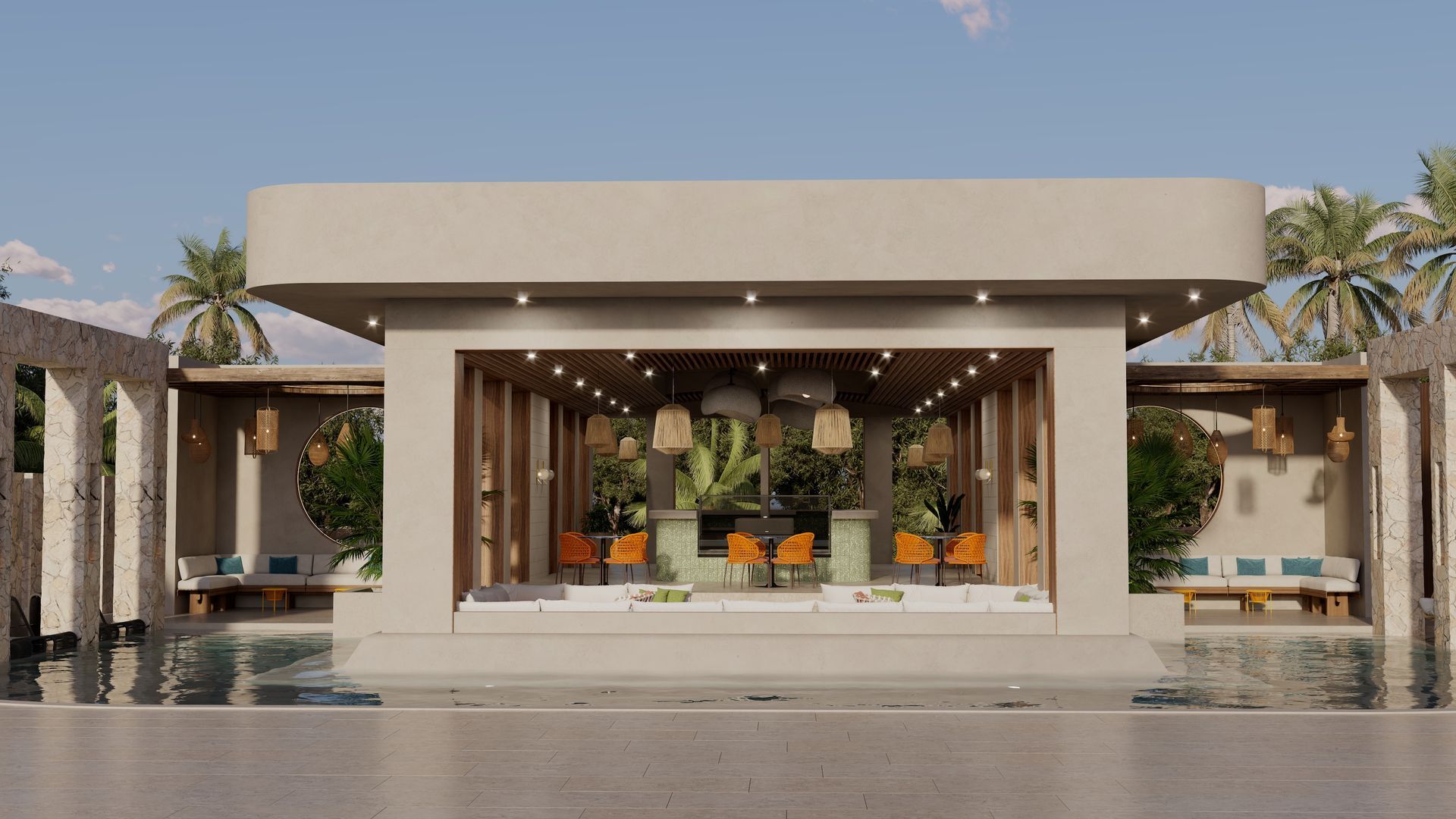 Restaurant interior with orange seating, neutral tones, and pendant lights.