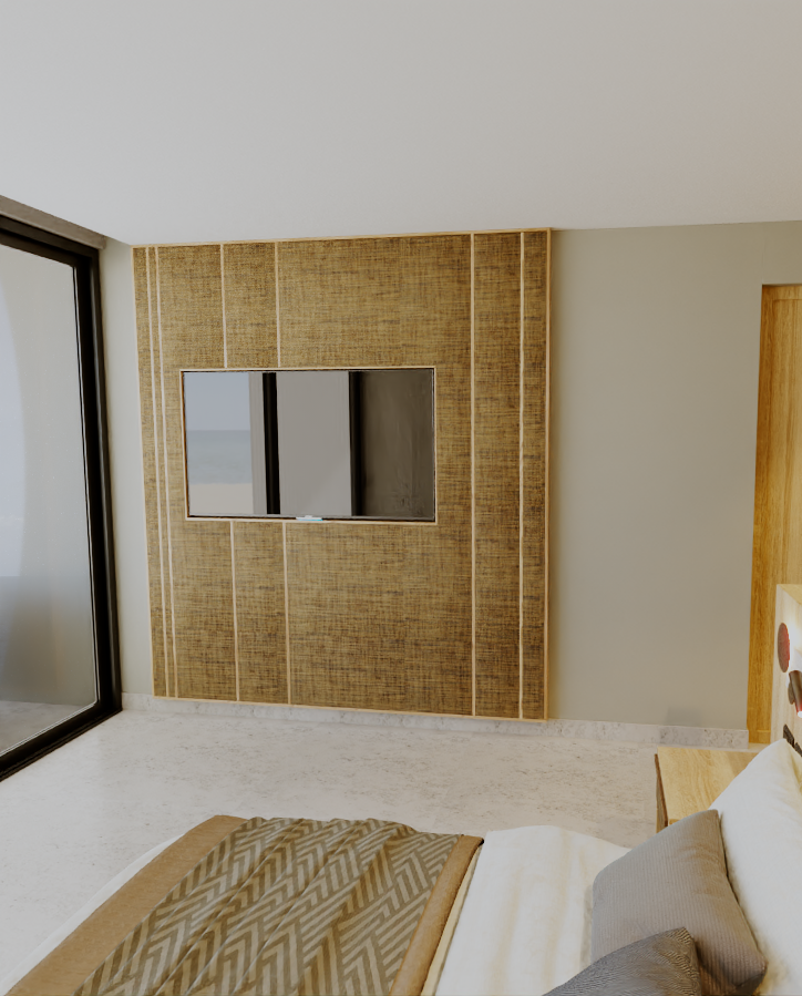 Bedroom with a television mounted on a textured wall panel, light-colored bed, and a sliding glass door.