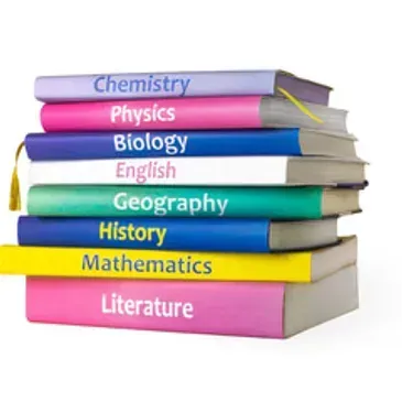 Stack of colorful school subject books labeled with names like Chemistry, Physics, and Literature.