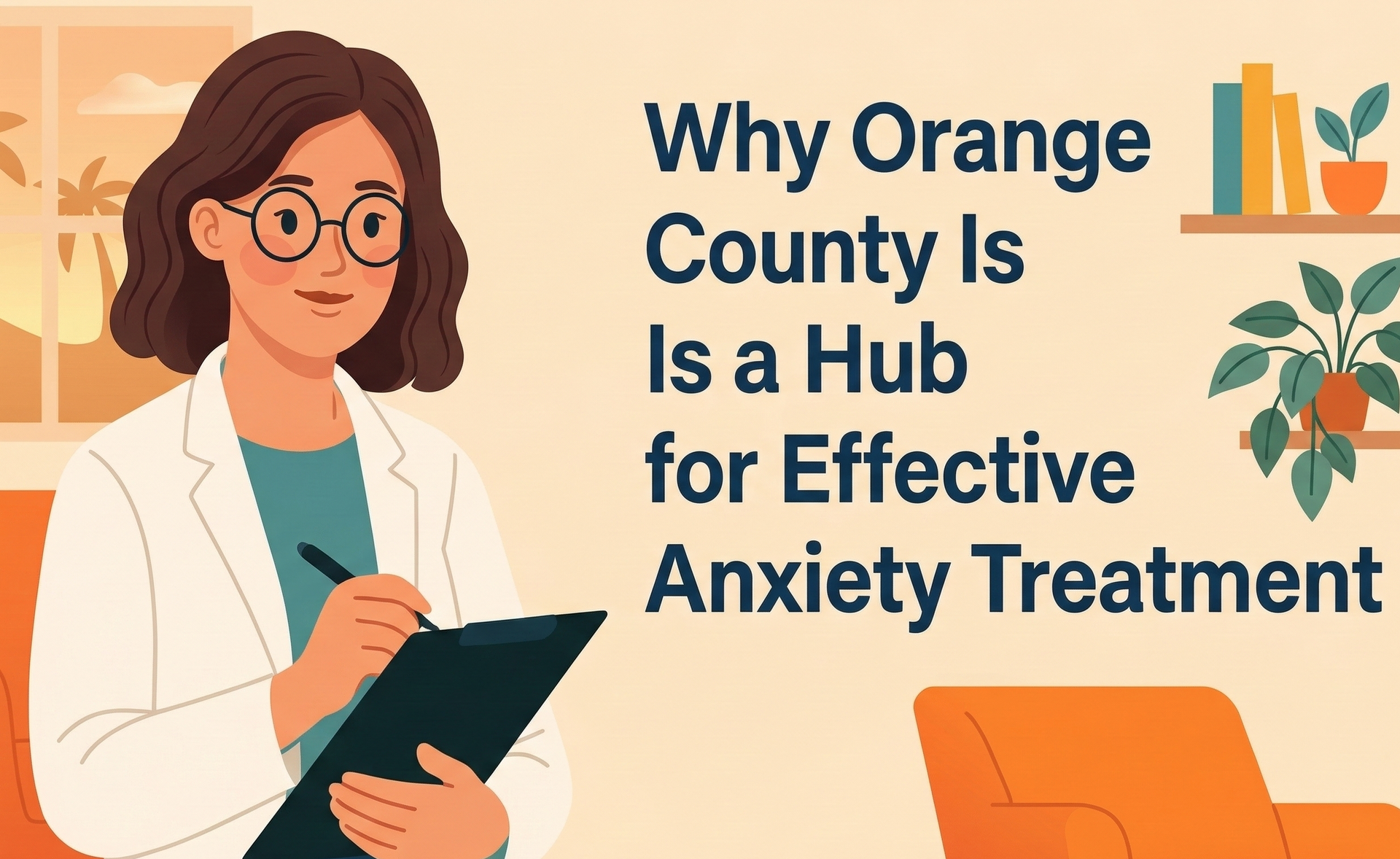 A therapist writing on a clipboard in an office setting; text reads, 