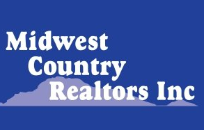 Midwest Country Realtors Inc. logo with white text on a blue background, and light blue cloud graphic.