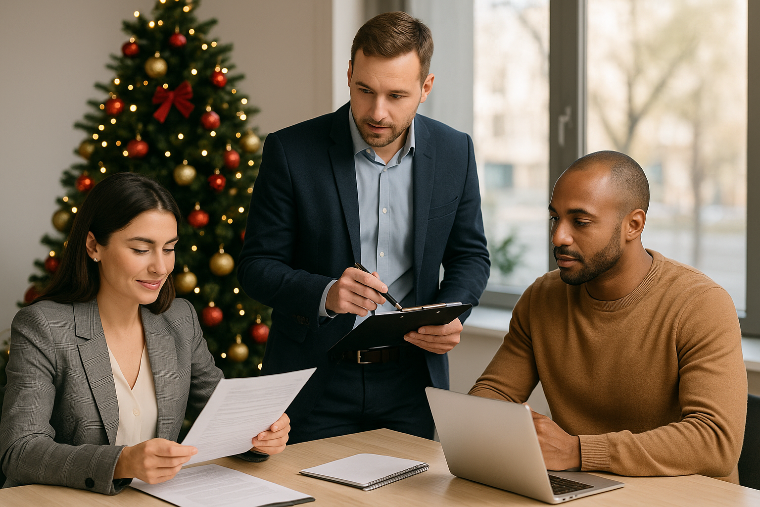 Three business colleagues reviewing documents in an office with a decorated Christmas tree.