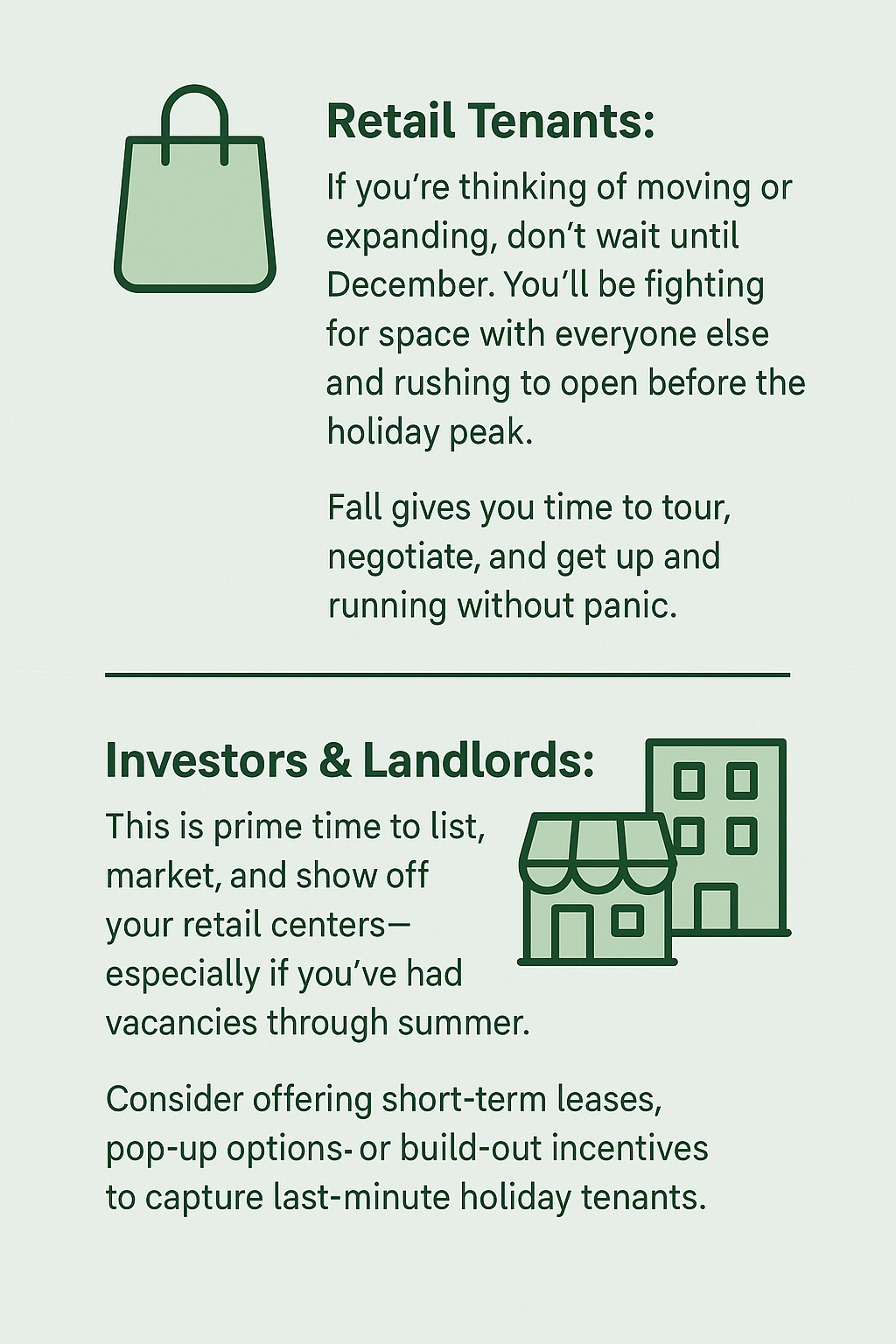 Green infographic with advice for retail tenants and investors/landlords.