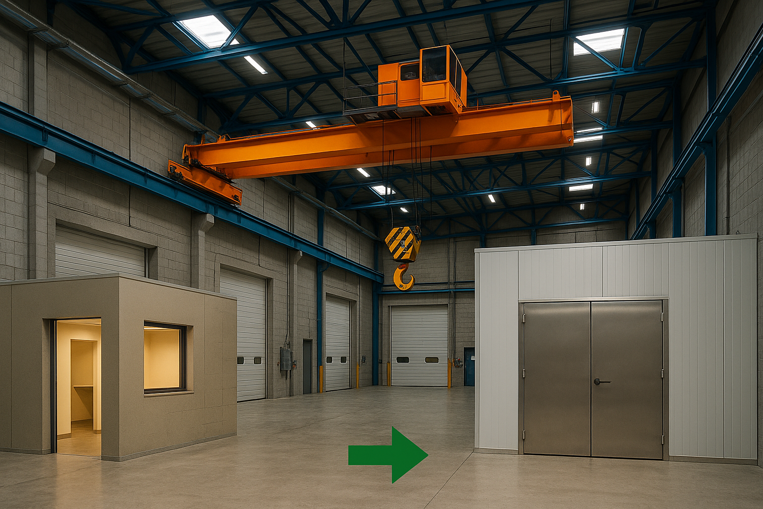A warehouse with a green arrow pointing to the right