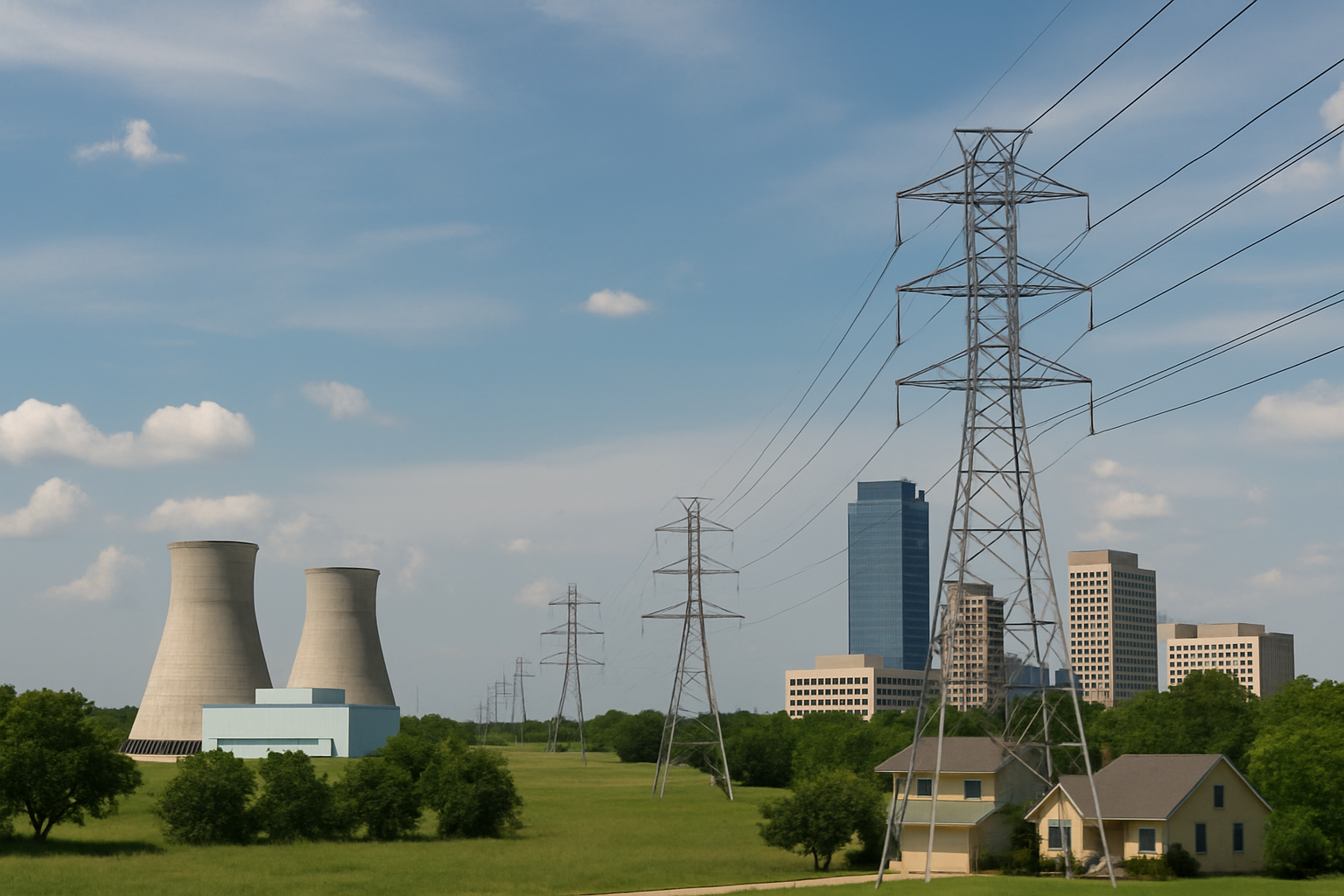 A nuclear power plant with a house in the foreground