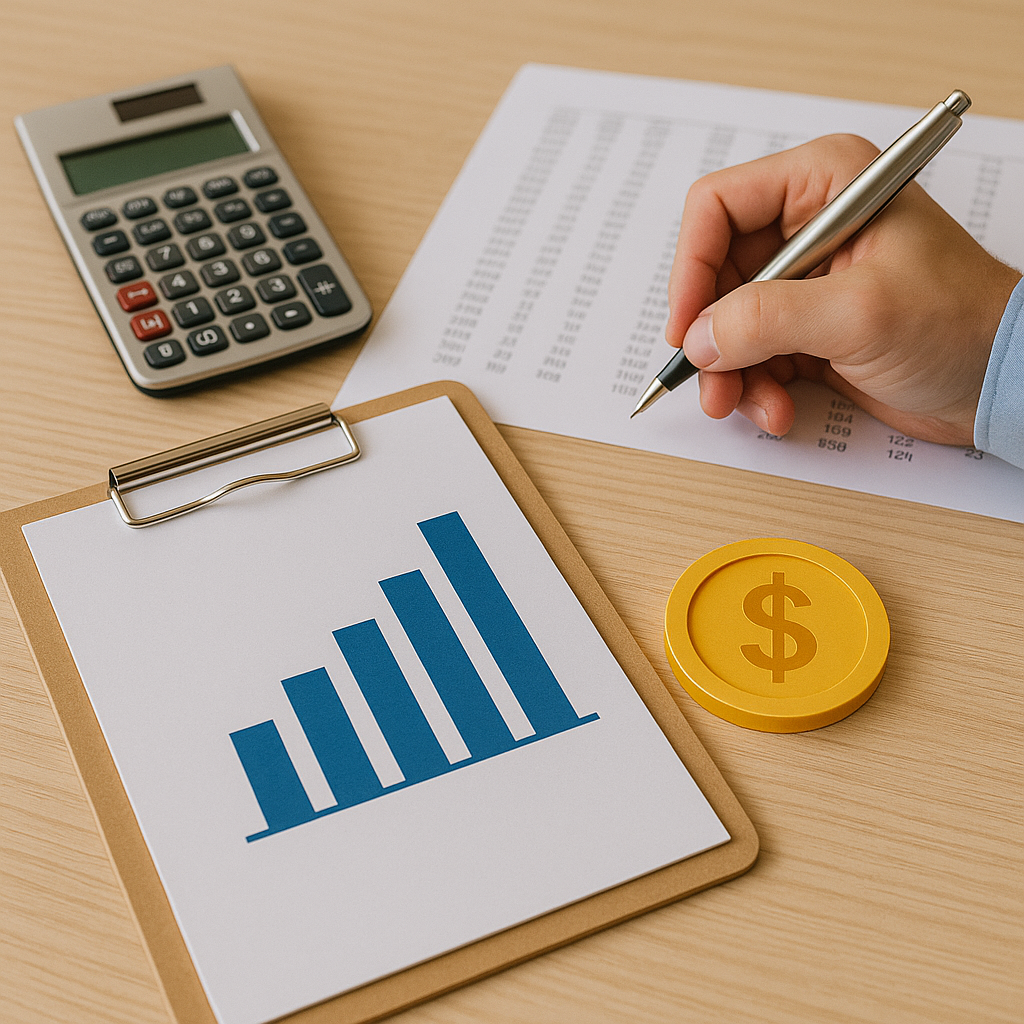 calculator, bar graph, and dollar coin on a desk.